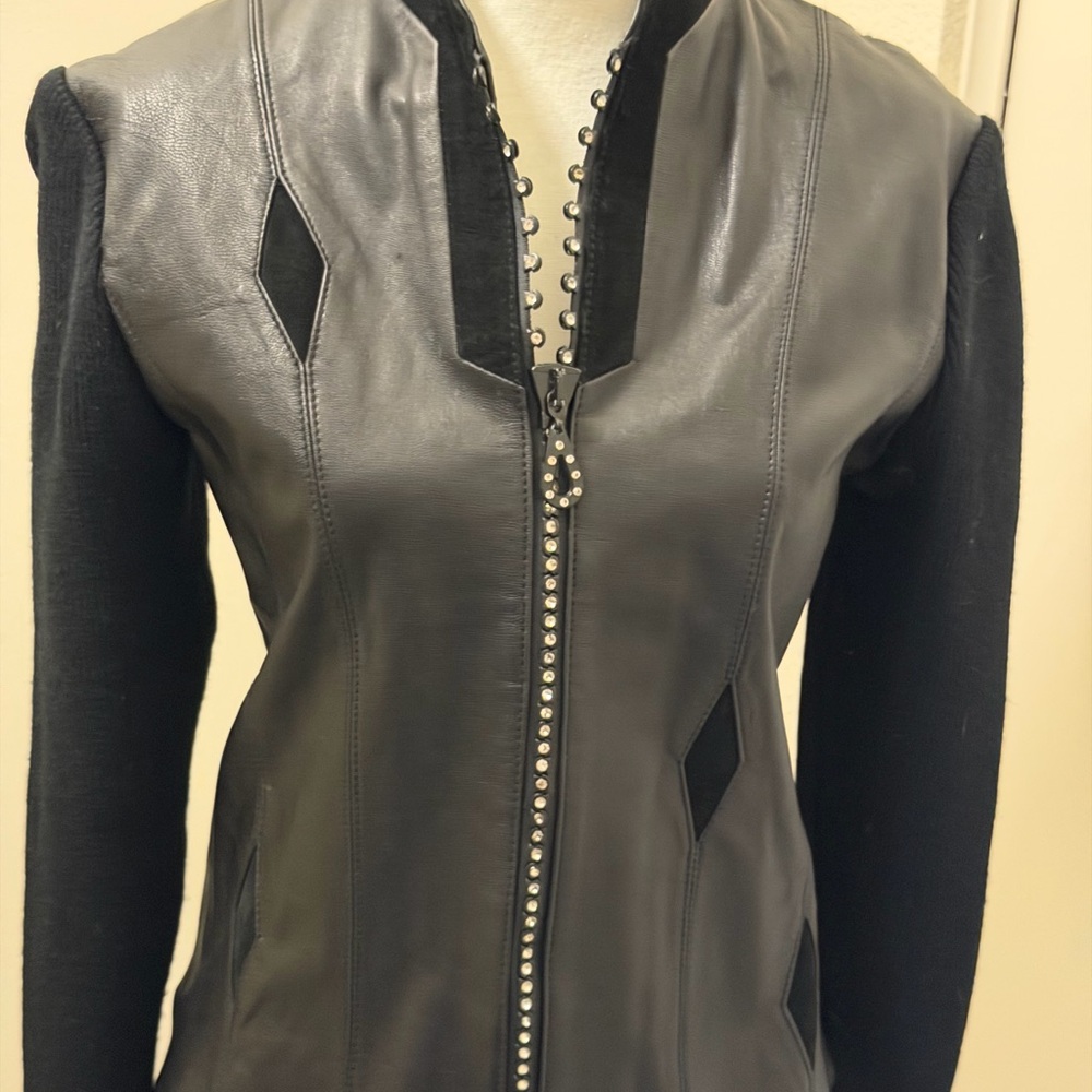 Black Leather Jacket with diamond Details